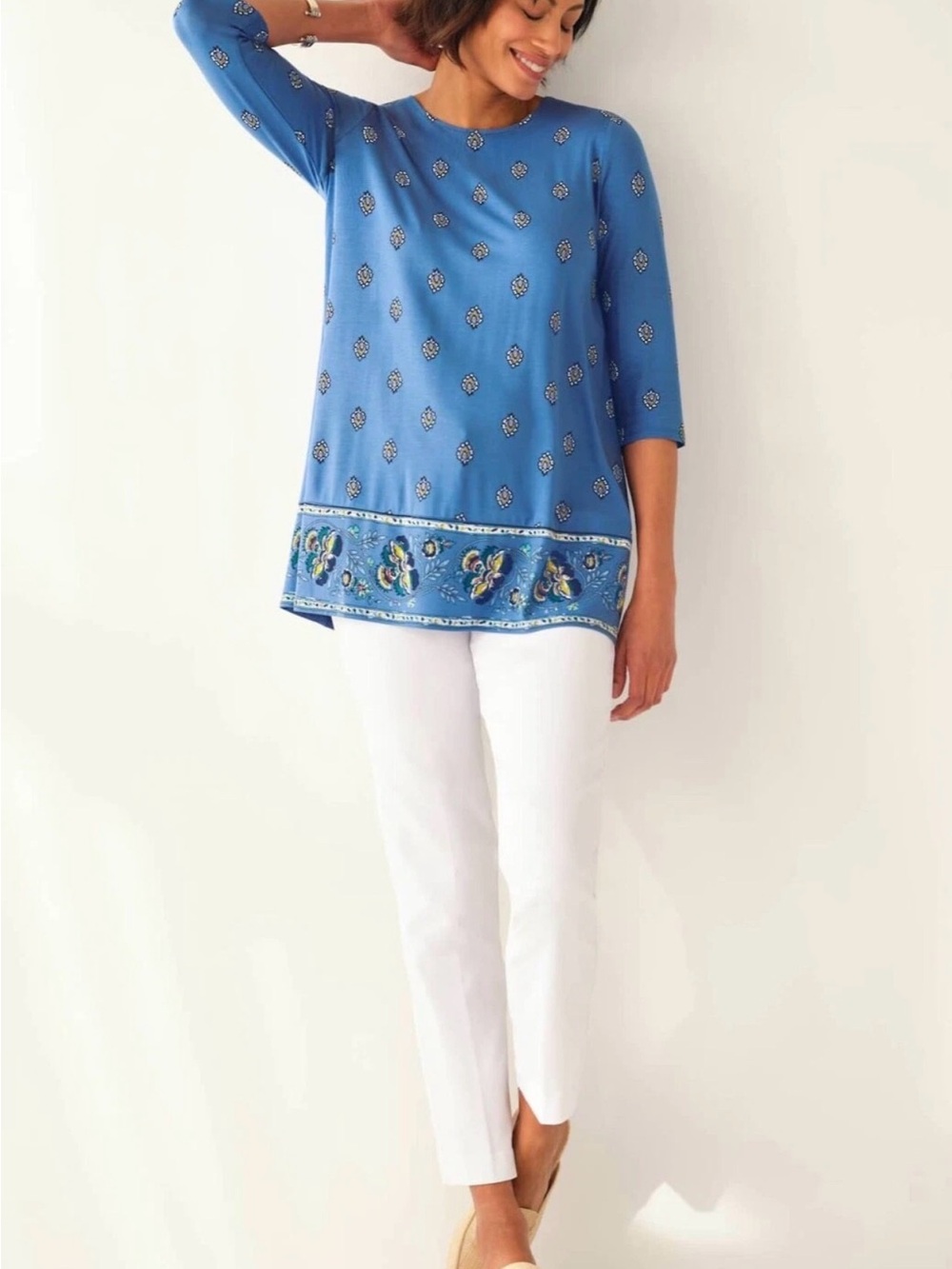J. Jill Blue Printed Border-Hem Tunic
